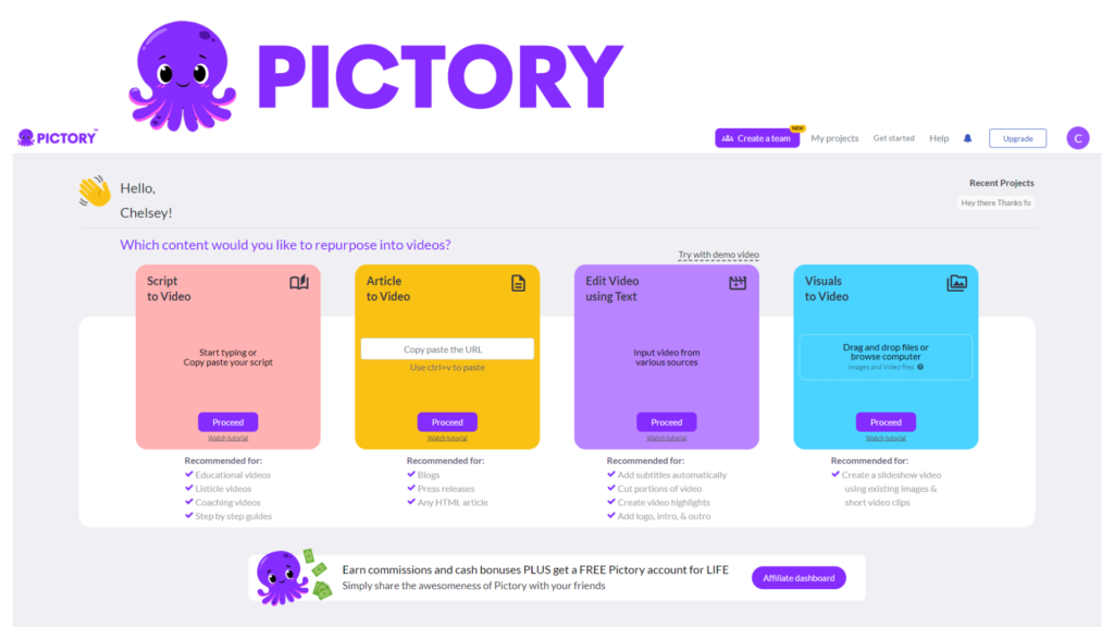 pictory dashboard