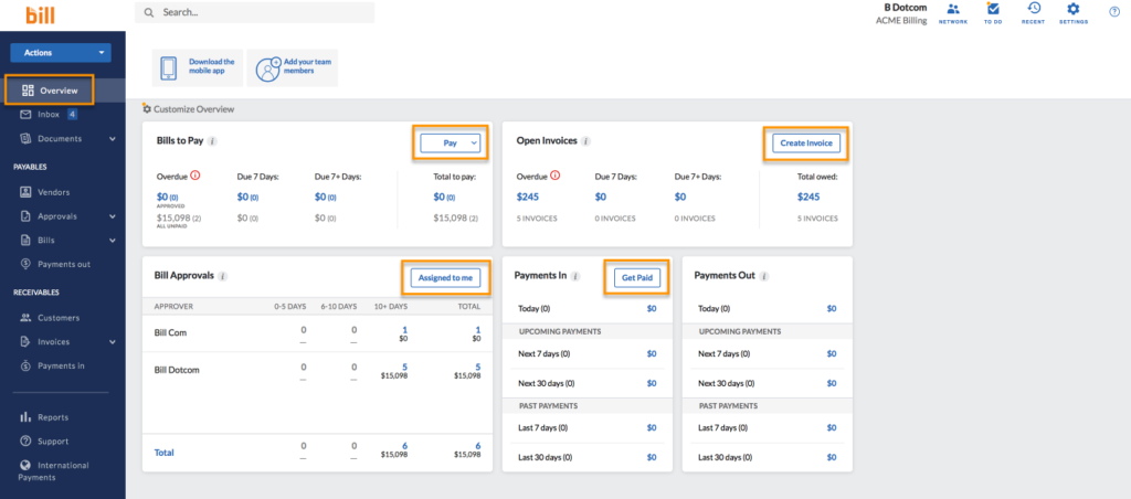 bill.com dashboard